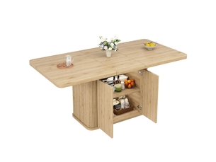 Table à manger extensible 140 à 180 cm avec rangement caché, plateau coulissant et façades rainurées, effet bois clair