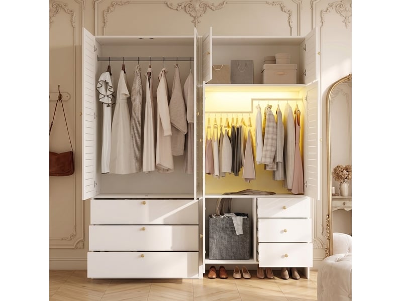  Armoire dressing 180 x 50 x 200 cm – blanche – portes battantes, 6 tiroirs, panier amovible et éclairage led  - Conforama B