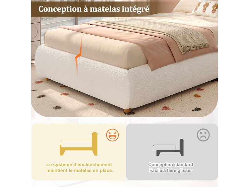  Lit coffre enfant 90x200 cm avec grand rangement hydraulique intégré et tête de lit, bouclé, beige, sans matelas  - Conforama R