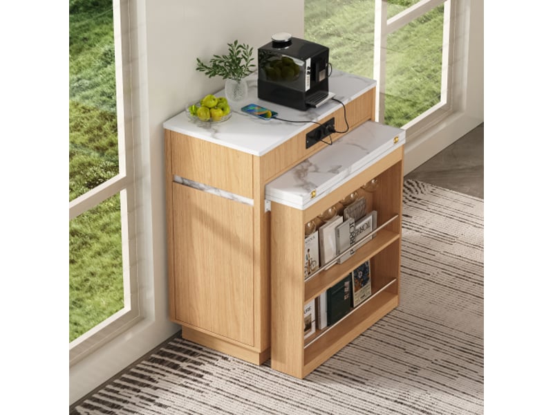 Îlot de cuisine mobile avec rallonge led, multiprise et crochets – buffetbar naturel - Conforama B