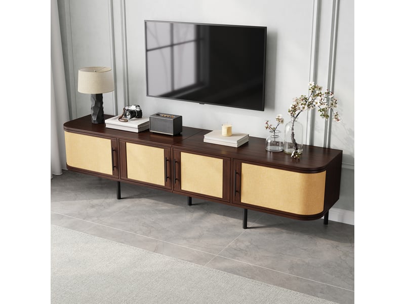  Meuble tv 4 portes à façades tressées pour salon 180×40×45 cm en mdf et métal noyer  - Conforama D