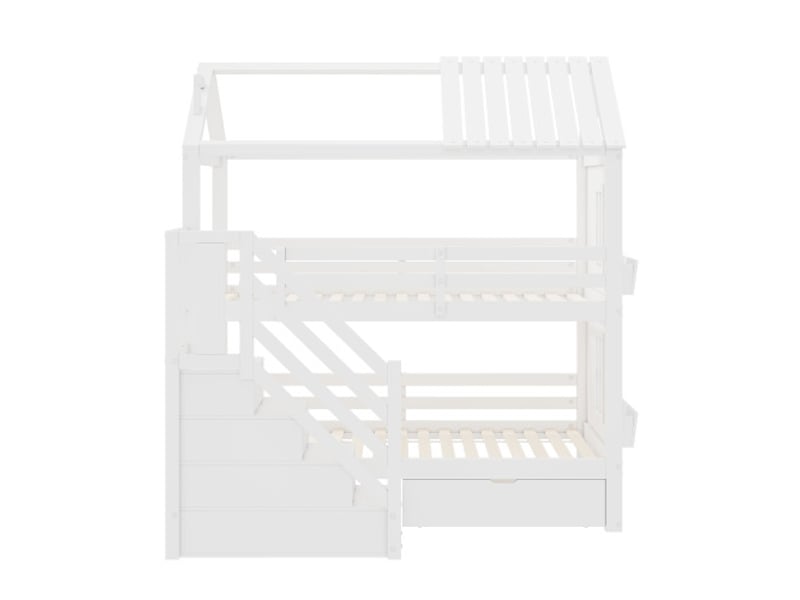 Lit enfant 90x200cm,lit superposé,lit cabane en bois massif avec escalier avec rangement,tiroirs,étagères et garde-corps,blanc lit enfant blanc - Conforama D