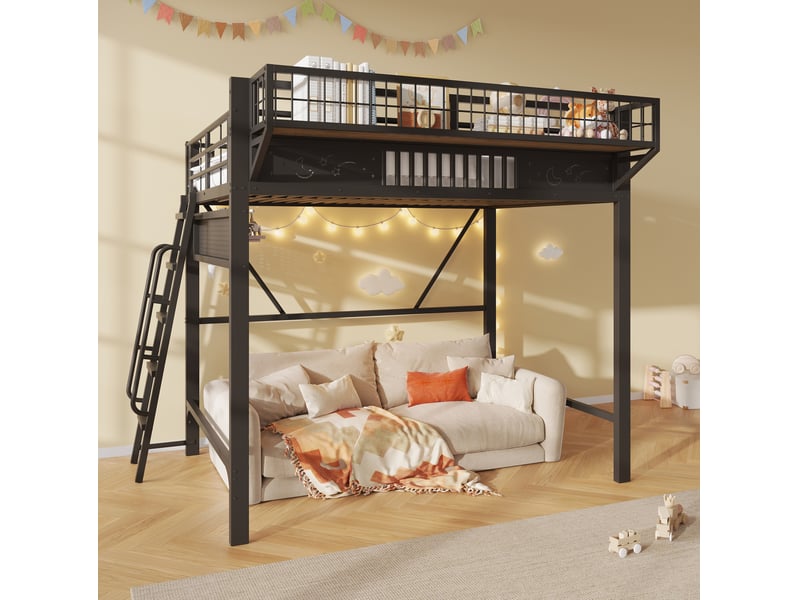  Lit mezzanine 140 x 200 cm en métal noir avec rangements latéraux pratiques et espace ouvert, sans matelas  - Conforama B