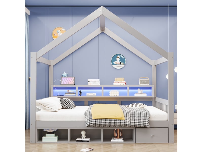 Lit 140x200 cm avec cadre en toit, rangements, éclairage et prises, pour chambre, en bois et mdf, gris, sans matelas - Conforama B