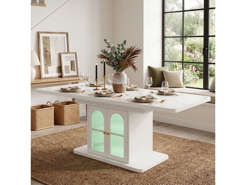 Table à manger extensible blanche 150–200 × 80 × 76cm, rangements intégrés, éclairage led, plateau épais  - Conforama C