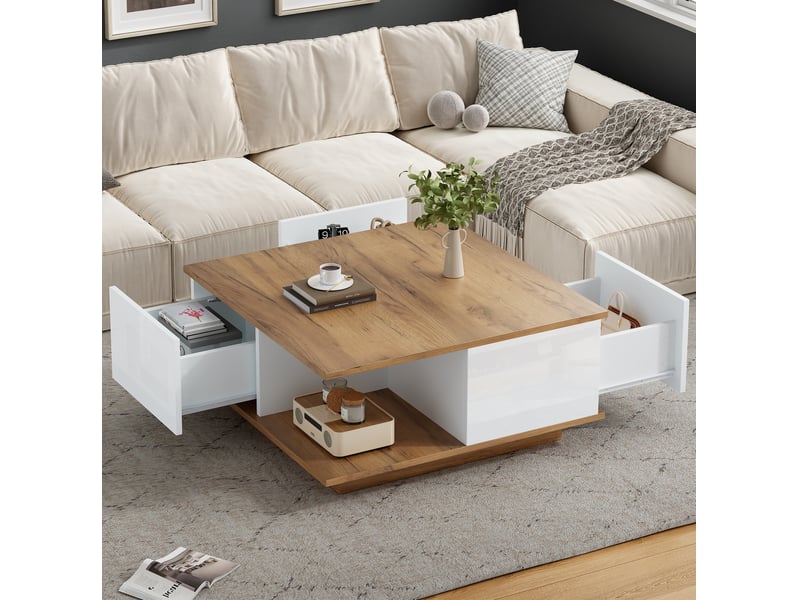  Table basse carrée 70 x 70 cm avec 3 tiroirs, rangement semi-ouvert, blanc et bois  - Conforama D