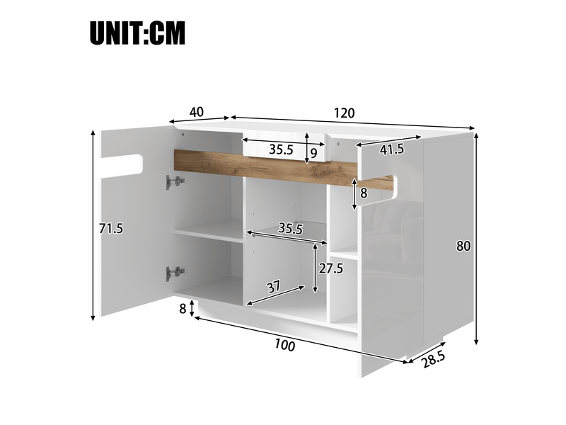  Buffet blanc et bois naturel 120x40x80 cm, meuble bas moderne avec étagères en verre et led intégré pour salon ou cuisine  - Conforama C