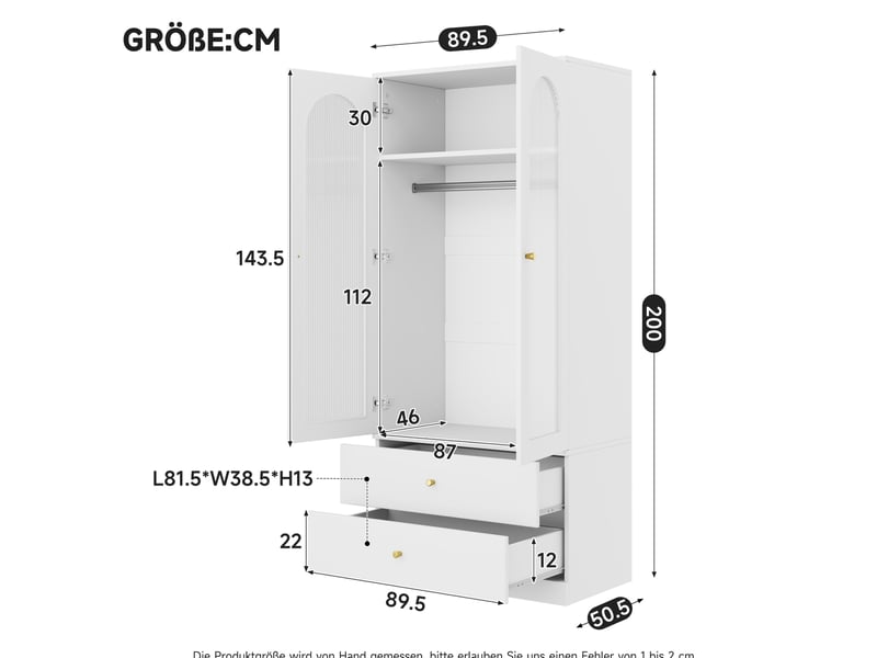  Armoire tcqpz 2 portes en verre cannelé 2 tiroirs et tringle 90 x 50 x 200 cm mdf blanc  - Conforama C
