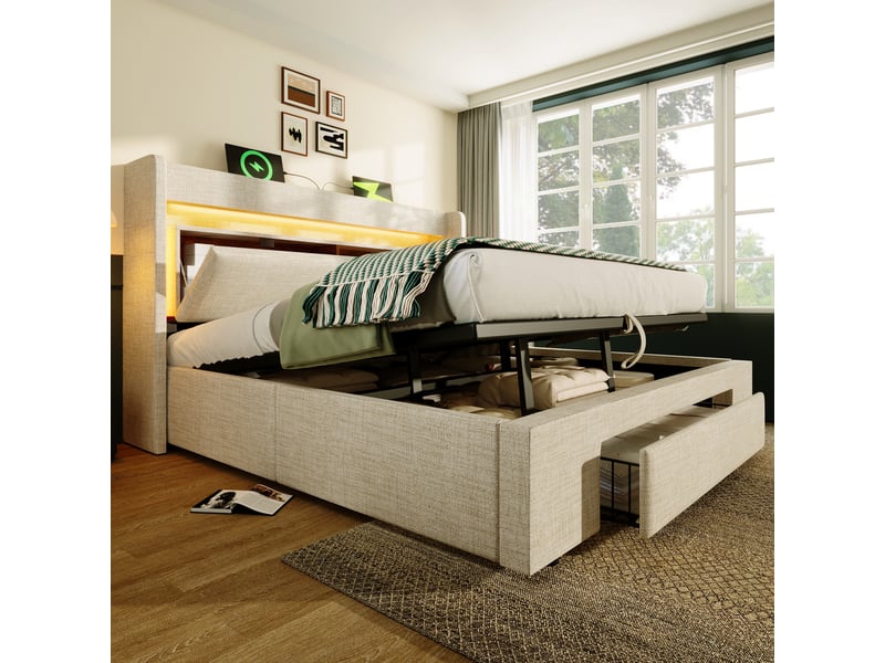 Lit coffre 160 × 200 en lin beige, tête de lit avec rangements, led et usb-c IKSETERA TRADING LTD - Conforama E