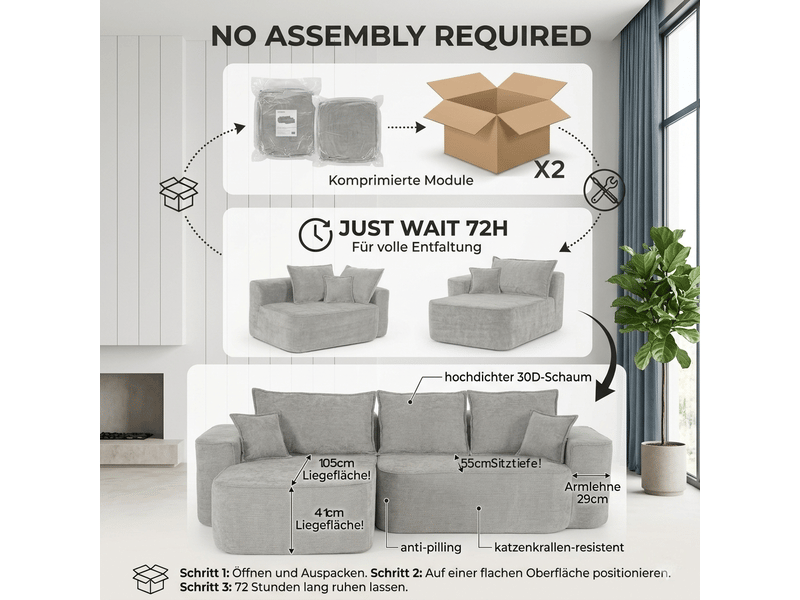Canapé d'angle, canapé modulable, en chenille, assise profonde, sans montage, style cloud, pour salon, 262 cm - Conforama D