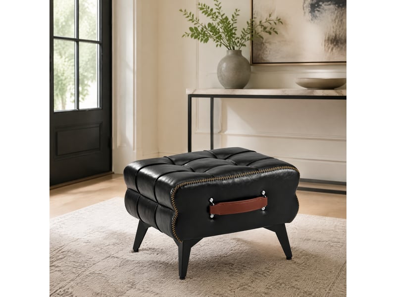  Pouf multifonction avec poignée et patins antidérapants, pieds en acier, simili cuir noir 43 × 33 × 30 cm  - Conforama B