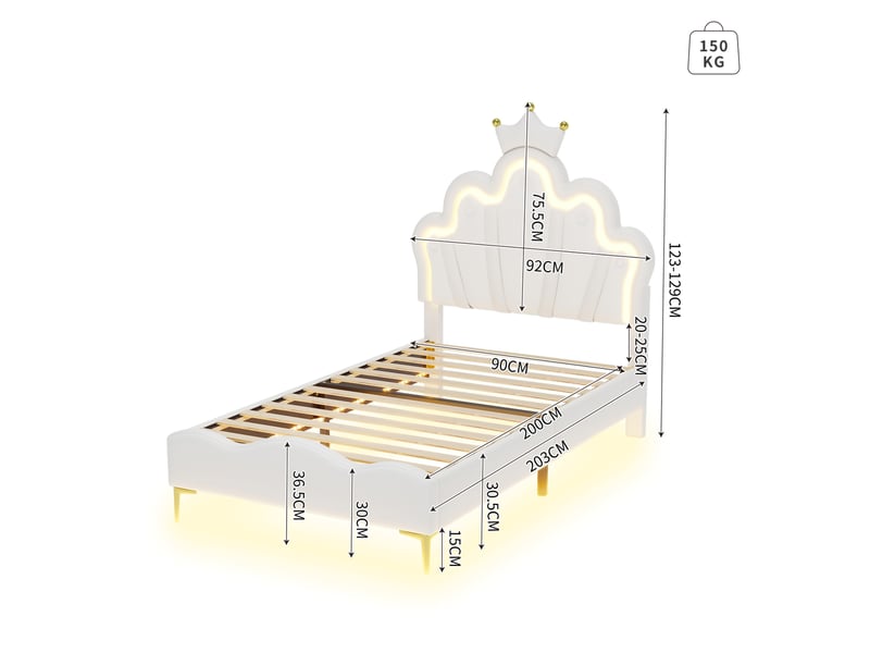  Lit 90 x 200 cm blanc avec tête de lit couronne et éclairage led d'ambiance  - Conforama C