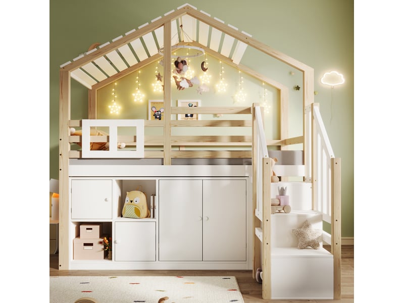  Lit, 90x200 cm, sommier, toit en pente, lit mezzanine, 4 portes, matelas non inclus, bois, coloris blanc et naturel  - Conforama B