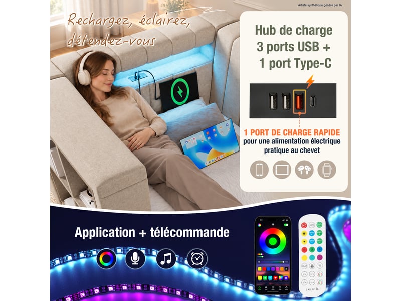  Lit banquette avec coffre 90x200 cm beige, sommier relevable à lattes, tête de lit avec niches, led, 3 usb et usb-c, sans matelas AB30109234-zlq - Conforama D