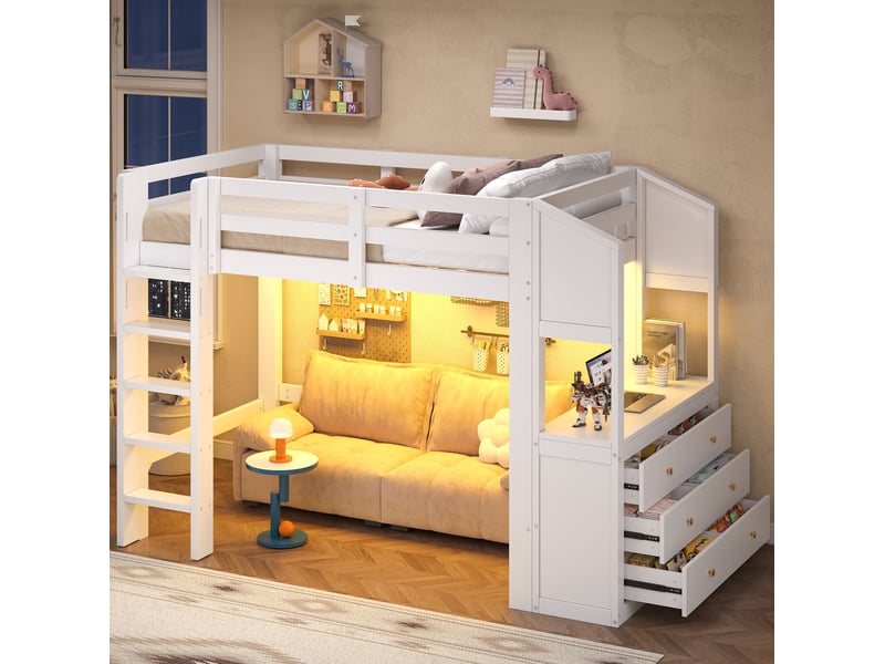  Lit mezzanine 90 × 200 cm 1 place avec 3 tiroirs, étagères et led réglable, sans matelas, en bois massif, blanc  - Conforama B