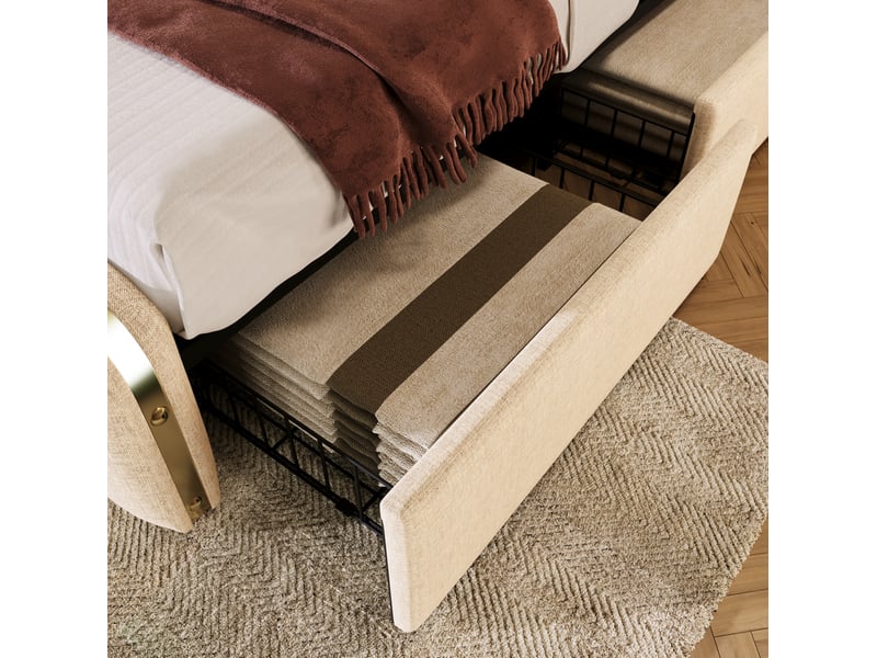  Lit double avec rangement 180 x 200 cm beige en lin, 4 tiroirs, matelas h3, usb et type-c au chevet  - Conforama E