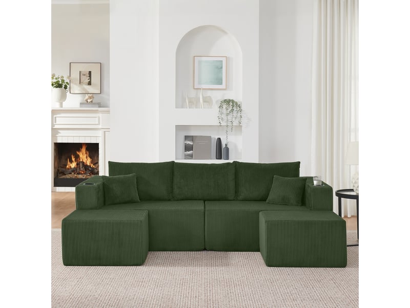  Canapé d'angle modulable 3 places en velours côtelé vert, avec 2 poufs, porte-gobelets, rangements, 300 kg  - Conforama W