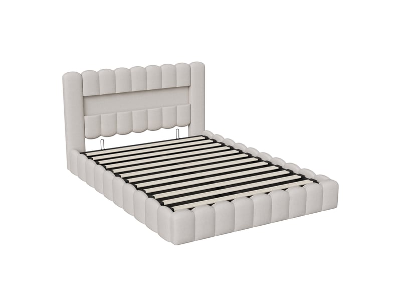  Lit coffre 2 places 180x200 cm, lit adulte avec rangement, compartiment, led, design simple, port usb, lin beige  - Conforama A