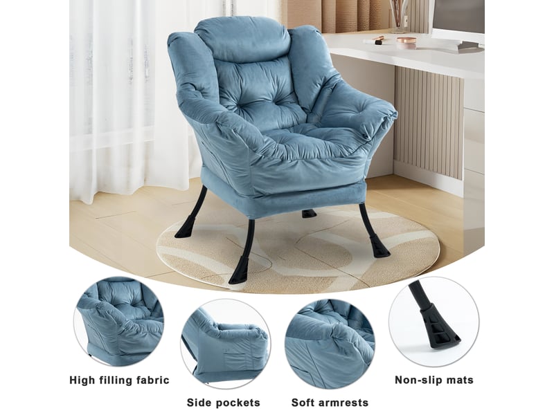  Fauteuil de relaxation bleu clair en métal, 65 x 81 x 95 cm, avec poche latérale pour lecture et détente à la maison  - Conforama E