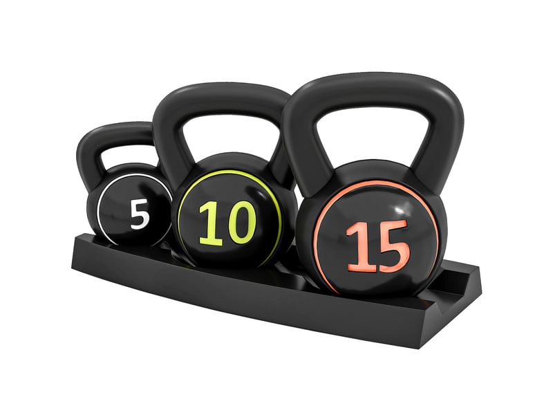  Ensemble de 3 kettlebells de 2,2 kg, 4,5 kg et 6,8 kg avec base plate et support de poids, en plastique et sable, noir.  - Conforama B