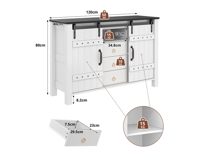 Buffet bahut salle à manger enfilade bois rustique meuble de rangement cuisine portes coulissantes et 3 tiroirs - Conforama C