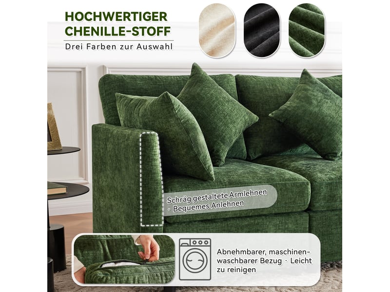 Canapé modulaire 278x161x81 cm – vert – convertible en u ou en l avec 2 poufs et 6 coussins, salon moderne - Conforama E