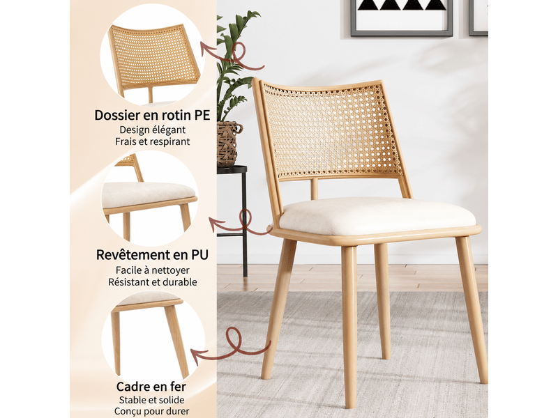  Lot de 4 chaises de salle à manger avec dossier en rotin et assise en pu beige  - Conforama C