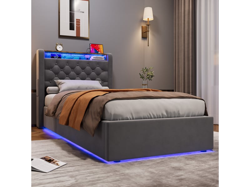  Lit coffre enfant 90x190 cm avec coffre hydraulique, led, usb-a et usb-c, tablette, sommier à lattes, velours gris  - Conforama D