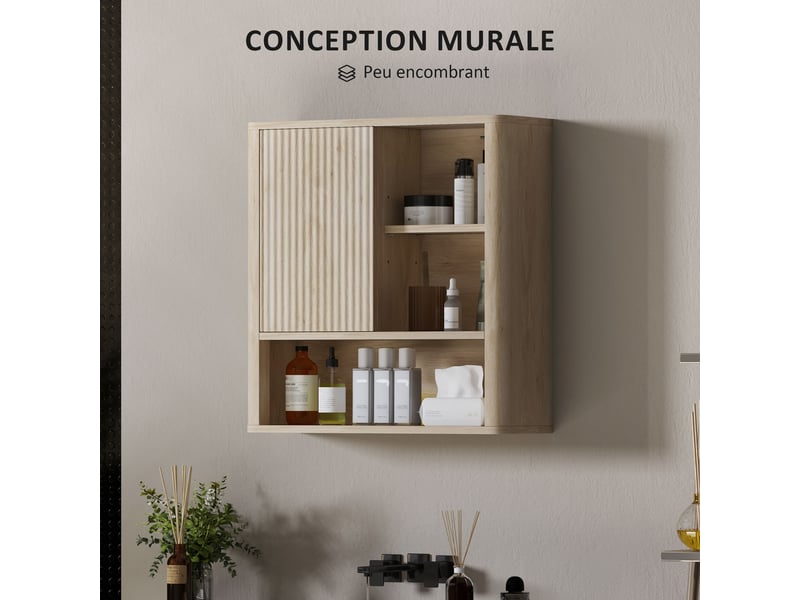  Armoire murale salle de bain avec étagères réglables, bois naturel, porte coulissante et étagères ouvertes  - Conforama E