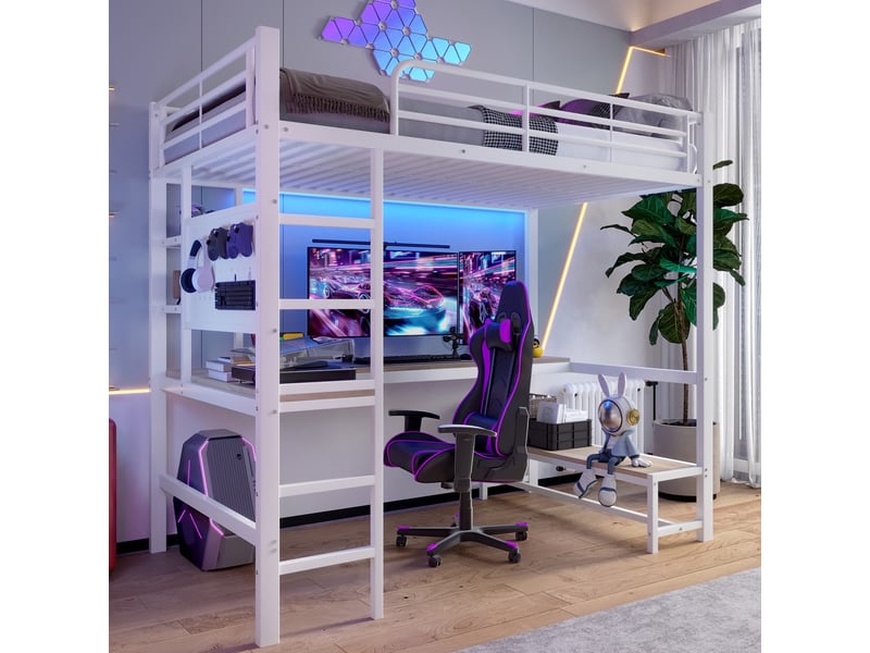  Lit mezzanine 90x200cm - lit haut en métal avec grand bureau, panneau perforé, led &amp; prises usbtype-c - blanc  - Conforama B