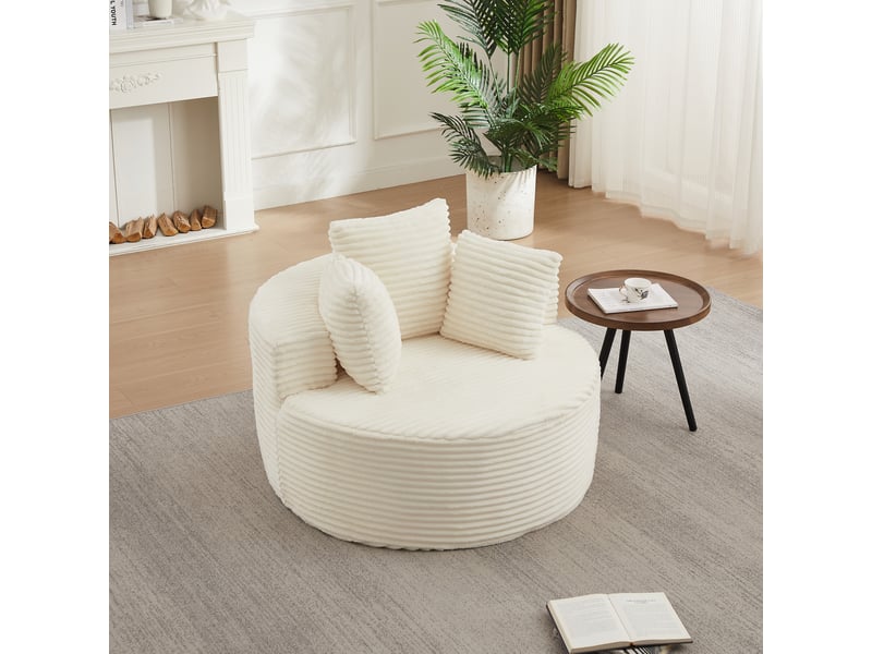  Fauteuil rond une place de 110 cm en velours côtelé beige, fauteuil lounge avec trois coussins, accoudoirs larges et design moderne  - Conforama C