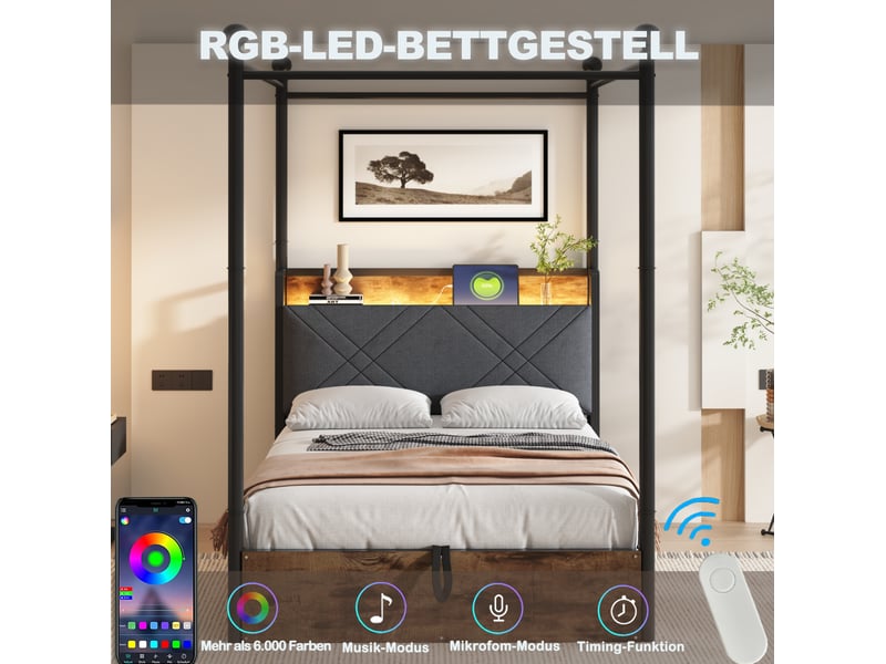  Lit 90x190 cm avec rangement, led, usbtype-c, métal, noir sans matelas  - Conforama B
