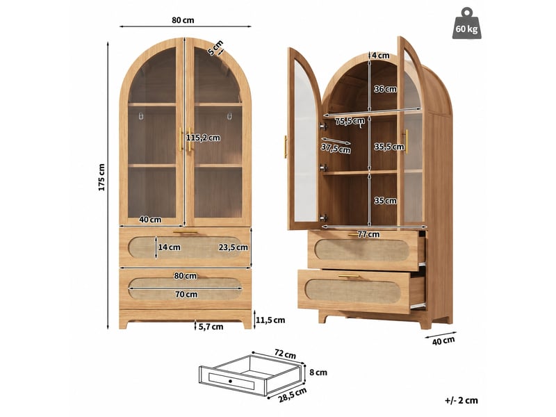 Meuble de cuisine muvano, vitrine rétro aspect chêne avec 2 tiroirs, 80 × 40 × 175 cm - Conforama W