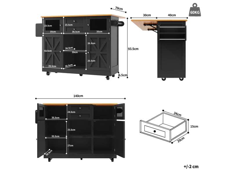  Desserte cuisine, îlot central sur roulettes avec plan de travail, plateau extensible, 2 tiroirs, dimensions 140 x 40 x 93,5 cm, mdf, noir  - Conforama C