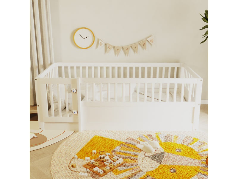 Lit enfant 90 x 200 cm - cadre de lit en bois - avec barrières de sécurité - avec porte - blanc (sommier à lattes non inclus)  - Conforama E
