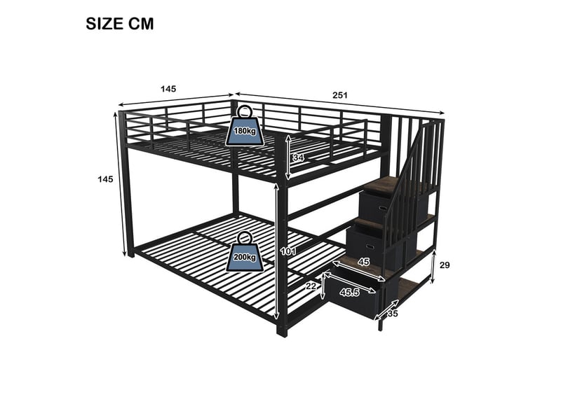 Lit mezzanine,140x200cm,échelle réversible,tiroir led,prises,métal,noir - Conforama C