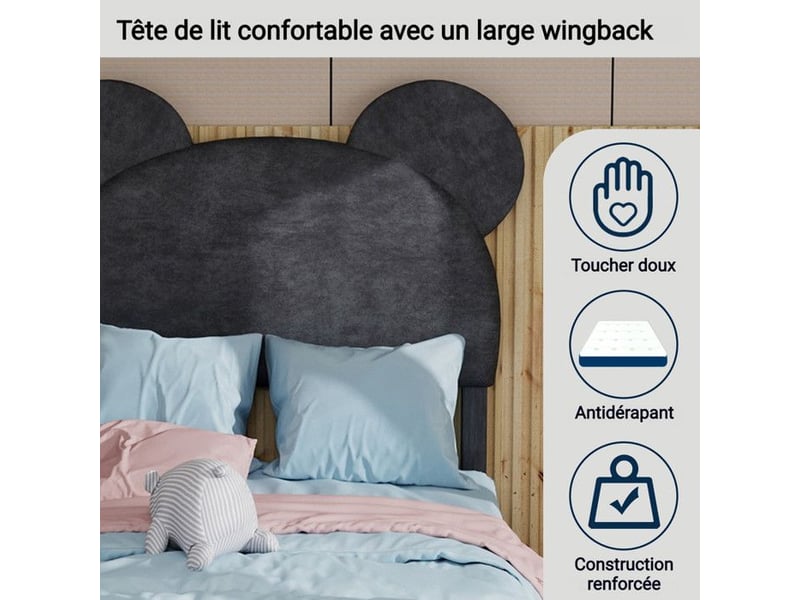  Lit enfant capitonné - 90x200 cm - gris - tête de lit dessin animé - rangement pneumatique 90x200x133cm - Conforama E