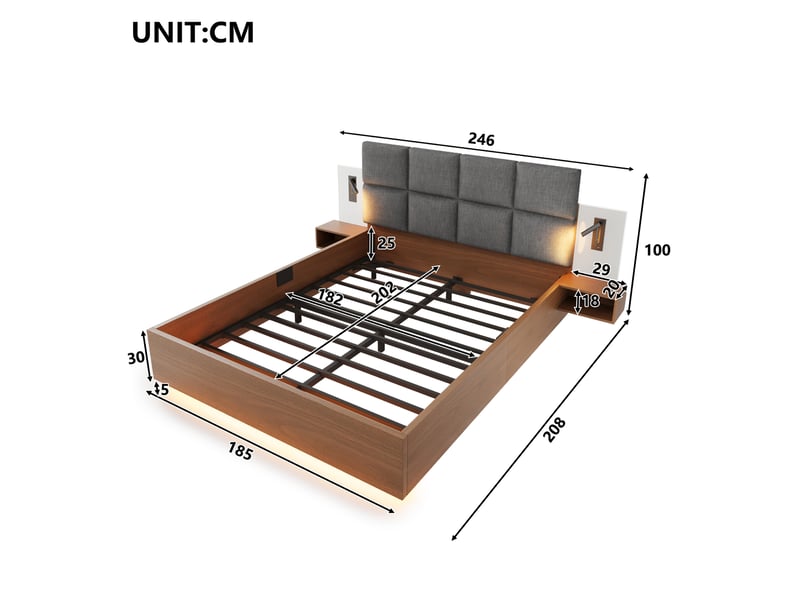Lit double 180x200 cm en aspect noyer avec tête de lit en lin gris, tables de chevet suspendues, led et usb-ausb-c. - Conforama C