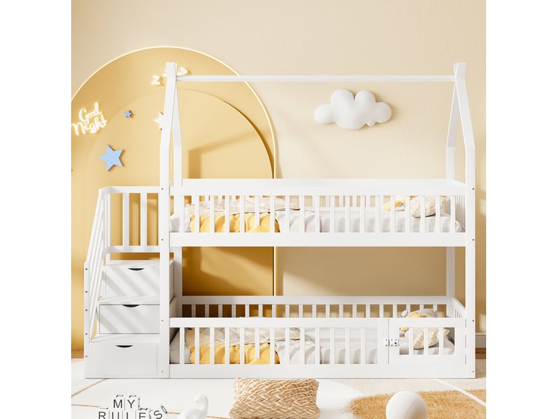  Lit superposé enfant 90x200 cm – blanc – toit maison, escalier à tiroirs et barrière, sans matelas  - Conforama B