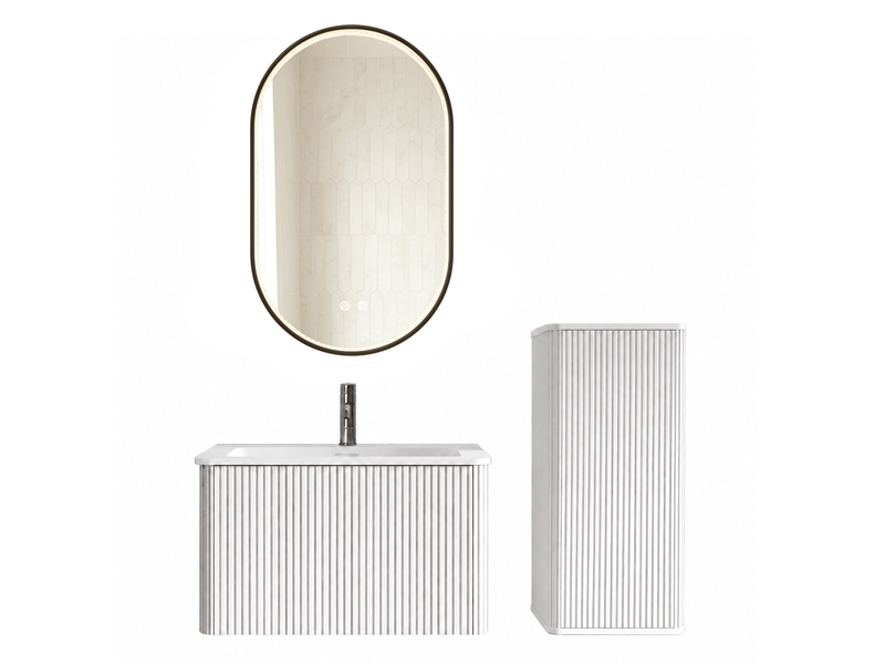  Meuble sous vasque suspendu avec vasque colonne et miroir led réglable antibuée pour salle de bain blanc 81 cm  - Conforama A