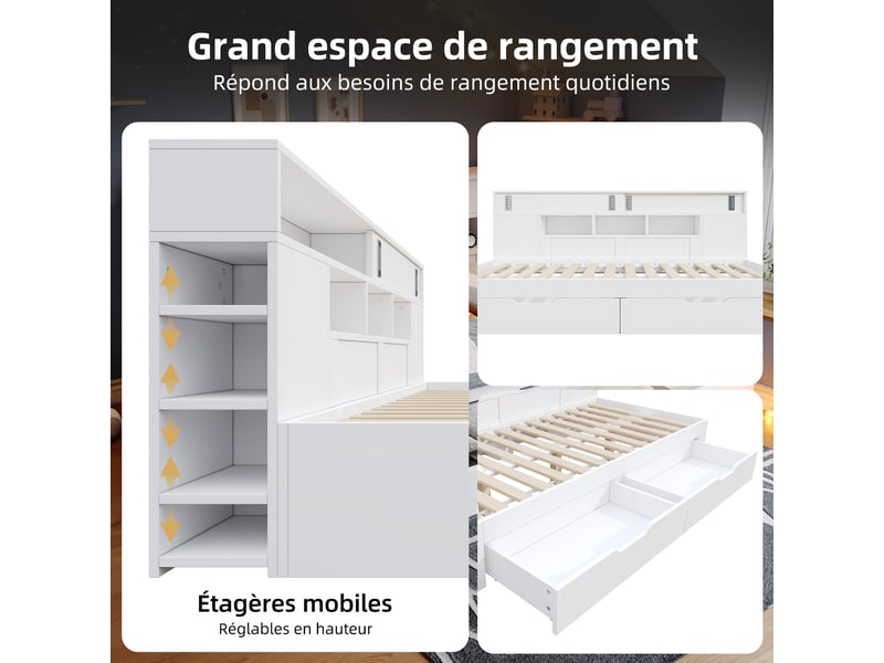  Lit de jour pour enfant 90x190, lit simple avec tiroirs de rangement et étagères, lit enfant multifonctionnel blanc en mdf.  - Conforama E