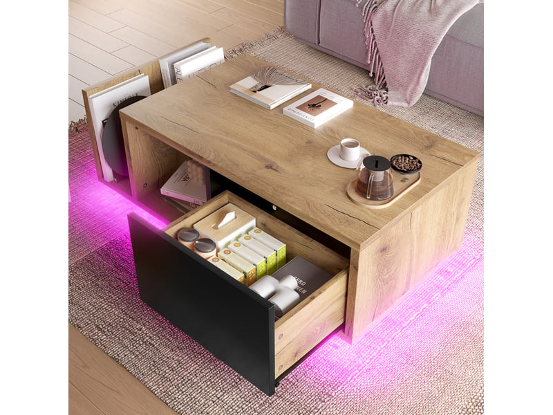  Table basse rétro led avec tiroir et niche ouverte, 99,5 x 53 x 38 cm, naturelle  - Conforama E