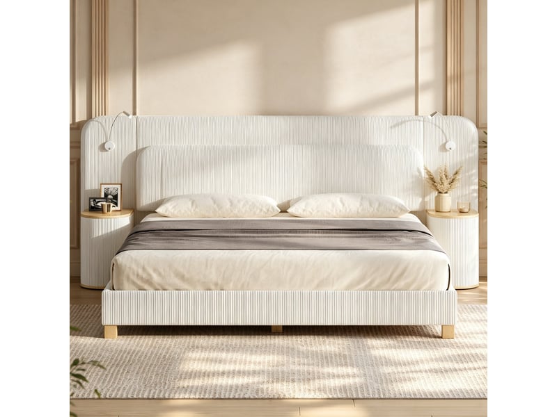  Lit rembourré 180 × 200 cm, avec lampes de chevet et deux tables de chevet, grand tête de lit, tissu velours côtelé, couleur beige  - Conforama D