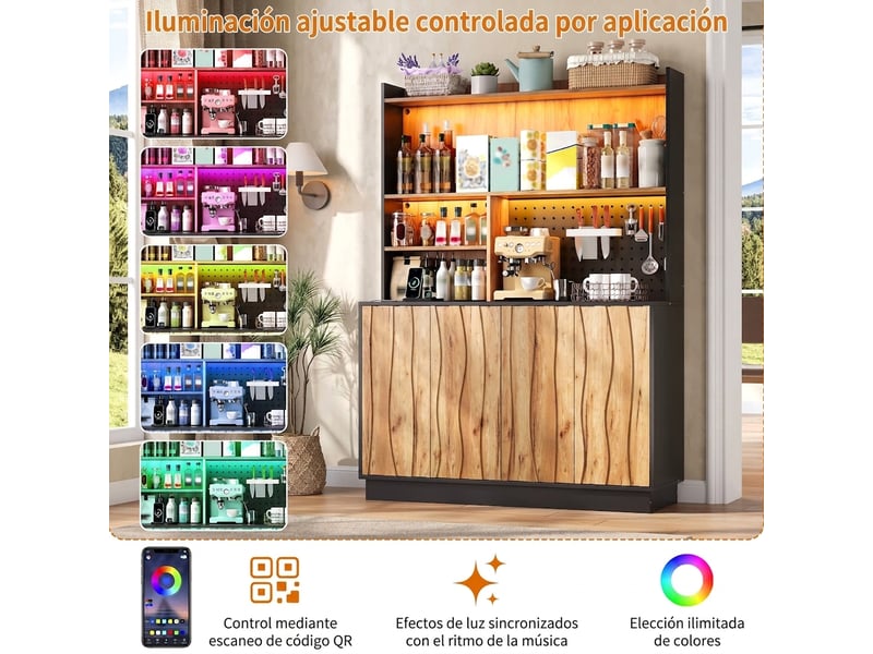  Meuble de cuisine avec éclairage led et prises, armoire de rangement haute à 4 portes, 120 cm, noir  - Conforama C