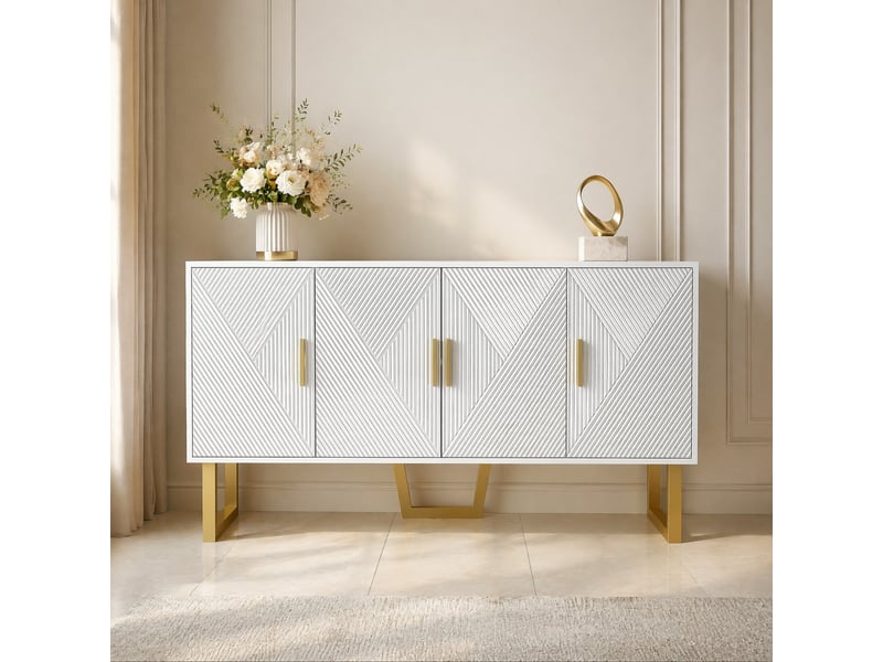  Buffet bas 4 portes blanc haute brillance, portes texturées, poignées dorées, étagères réglables, 150 x 40 x 82 cm  - Conforama D
