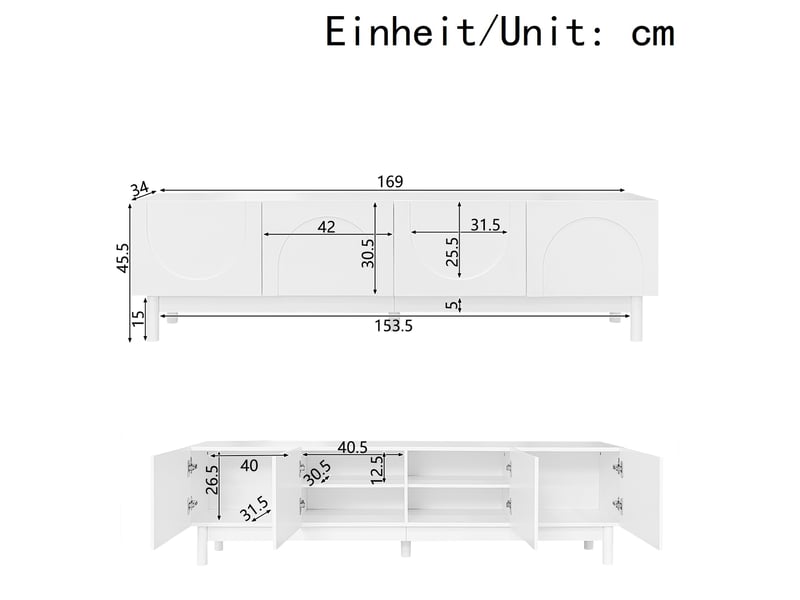  Meuble tv modenvie 169 x 34 x 45,5 cm à 4 portes ondulées avec rangement blanc  - Conforama C