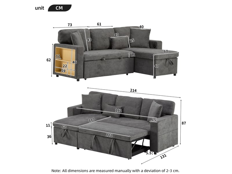  Canapé d’angle convertible réversible 214 x 131 cm – gris foncé – usb, rangement et 3 coussins intégrés  - Conforama C