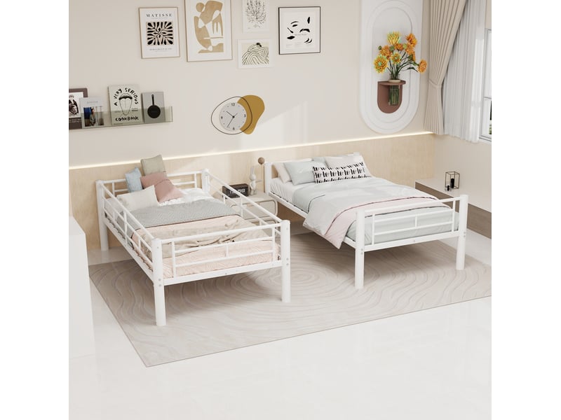  Lit superposé ulevr en métal 90 x 190 cm convertible en deux lits simples avec échelle et barrières de sécurité, blanc  - Conforama D