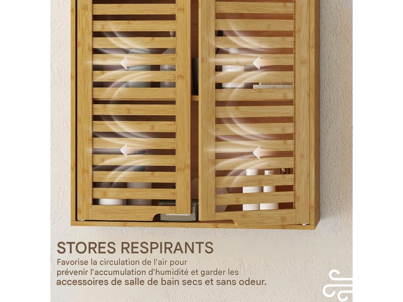  Meuble mural de salle de bain en bambou avec portes persiennes 60 x 20 x 60 cm  - Conforama D