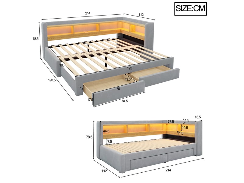 Lit banquette 90x200 cm – gris – gigogne 180x200 cm, rangements, led et prise intégrés – sans matelas - Conforama C